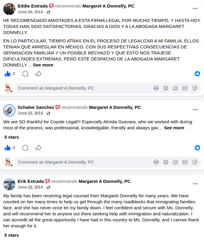 Facebook testimonials for Margaret A Donnelly, PC and Coyote Legal
