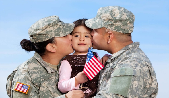 Latino military family with American flag
